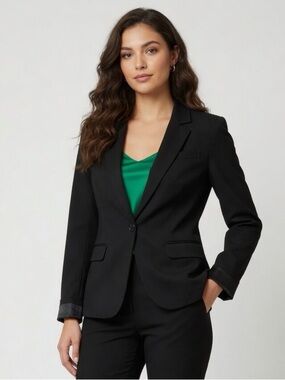 Black Fitted One Button Blazer Power Professional Jacket Button Sleeve Chic Boss